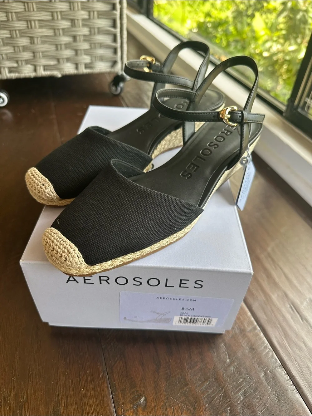 AEROSOLES The Real Wedge Sandal Black Canvas Wedge Espadrille 8.5  NWT/NIB